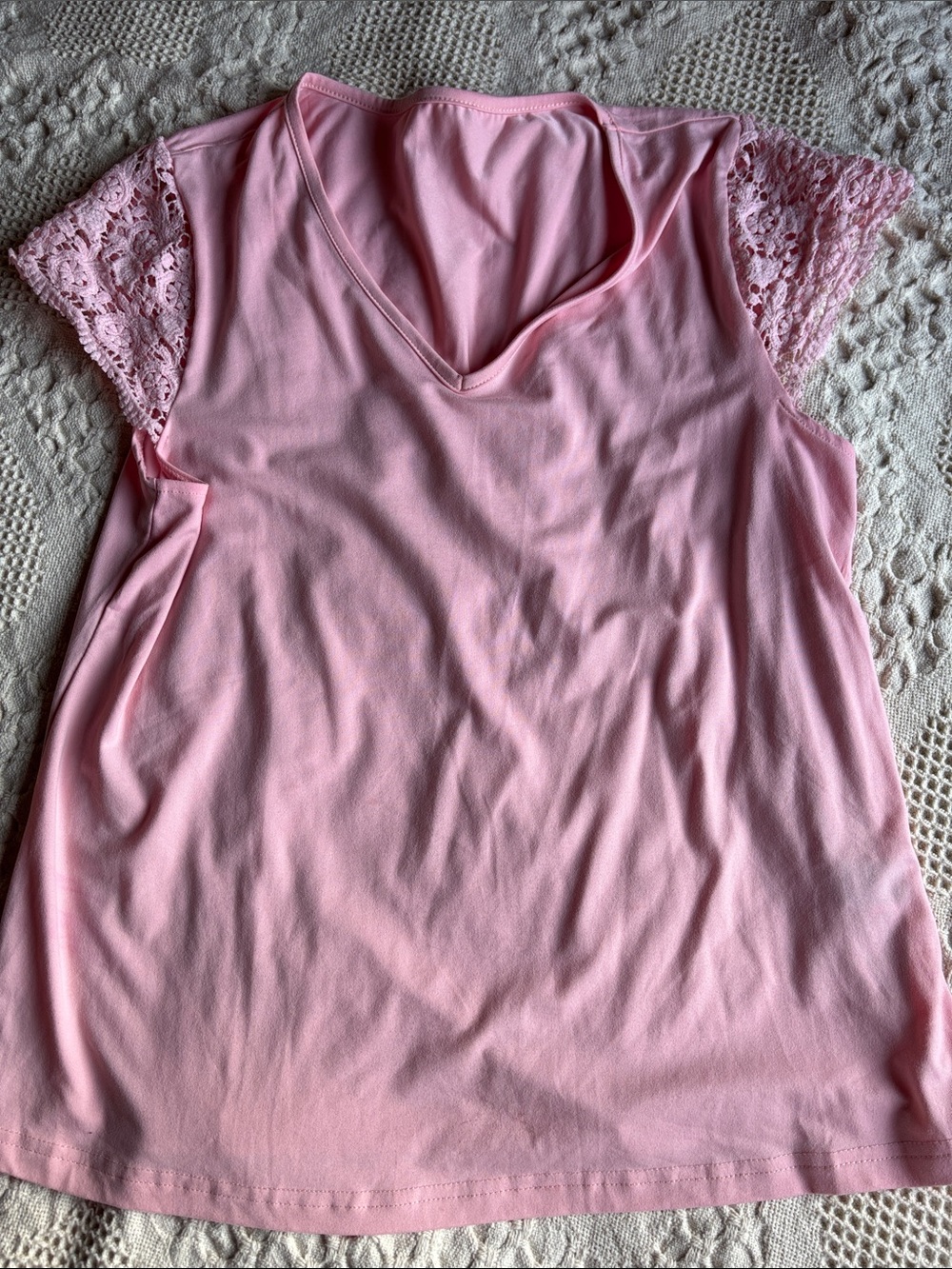 SHEIN Light Pink V-Neck Lace Sleeve Blouse